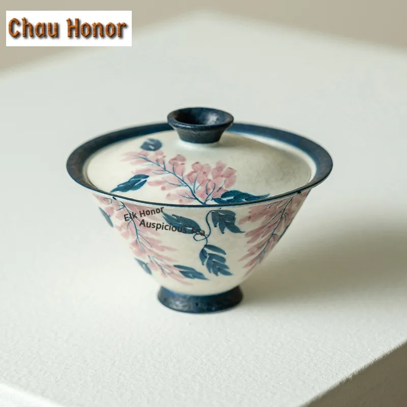 

110ml Hand-painted Wisteria Flower Gaiwan Antique Tea Tureen Tea Bowl With Lid Kit Tea Maker Cover Bowl Tea Items Ornaments
