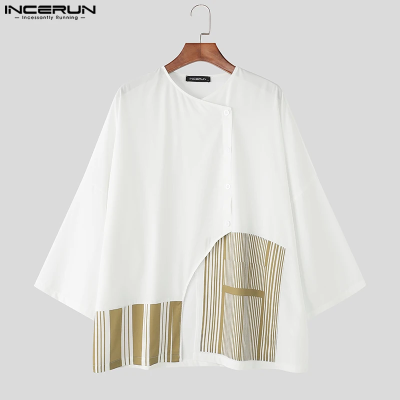 INCERUN Męska Koszula Nieregularna w Paski z Naszywkami, Rękaw 3/4, Luźna Odzież Męska, Styl Koreański, Moda Streetwear, Casualowe Koszule Męskie