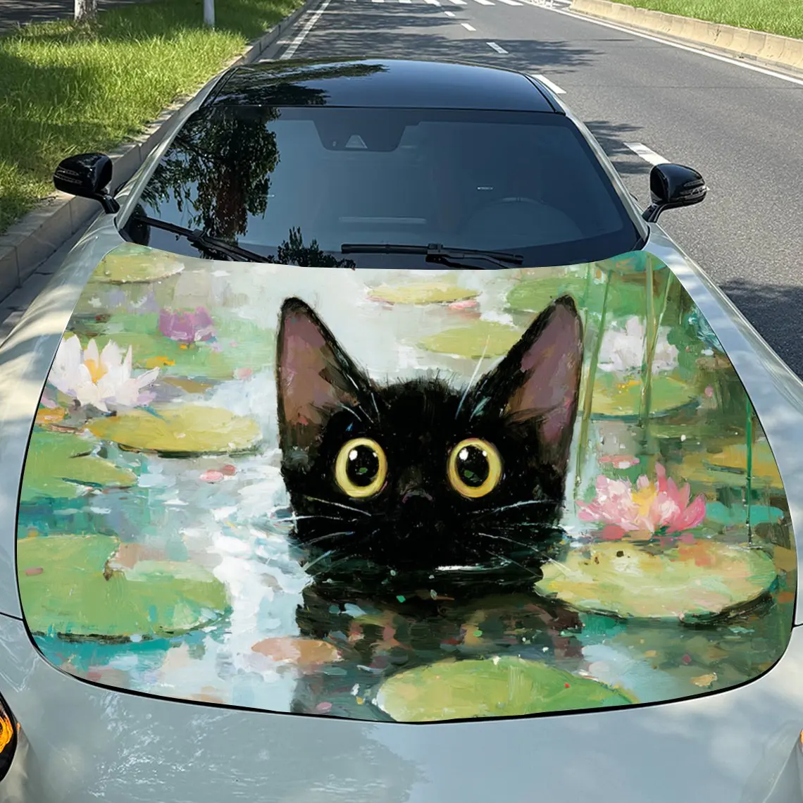 

Enchanting Cat among Water Lilies PVC Car Engine Hood Vinyl Wraps, Self-Adhesive Waterproof Car Hood Decal Sticker, Car Decorati
