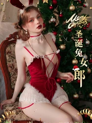 Plus Size Women Santa Christmas Lingerie Erotic Lace Velvet Sexy Bodysuit Bunny Girl Cosplay Uniform Backless Hot Red Baby Doll