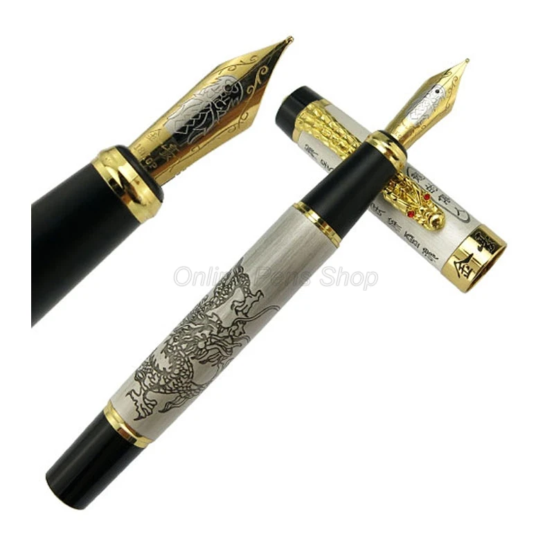 Jinhao Medium Nib Fountain Pen, Prata Antiga Descendentes do Dragão, Guarnição do Ouro, Papelaria Escritório Profissional, 0,7mm