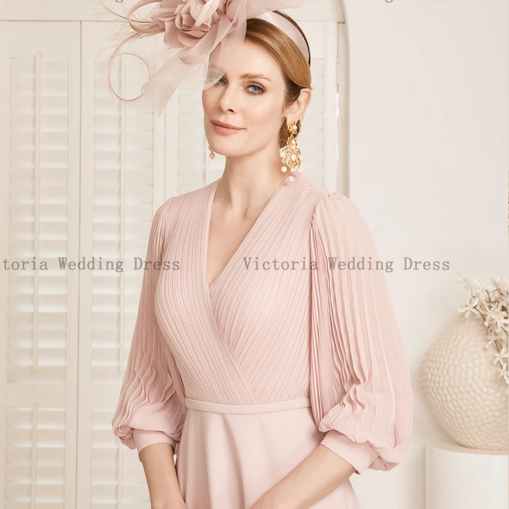 Elegante rosa Mutter der Braut Kleider V-Ausschnitt lange Ärmel Hochzeits feier Kleider Falte Tee Länge A-Linie Chiffon فساتين الس카رة