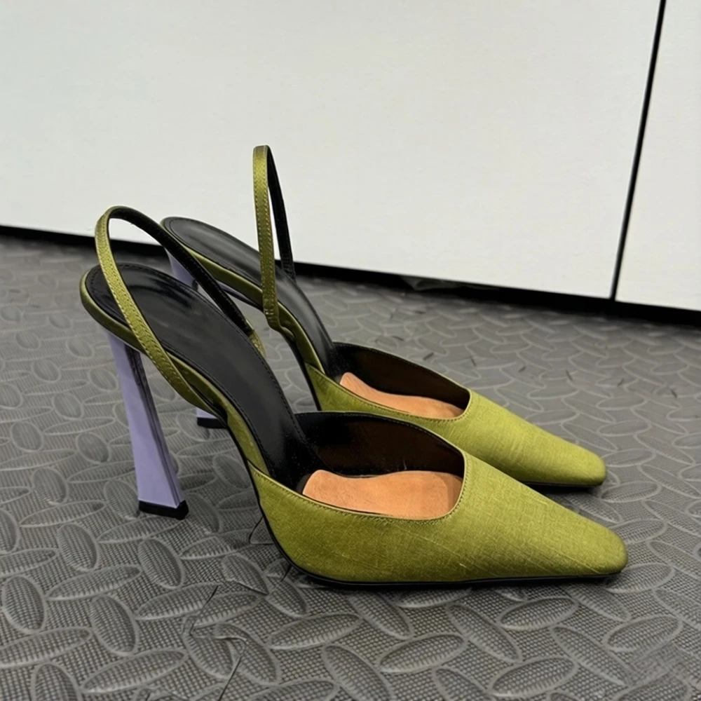 Summer New Lady Single Buckle Design Satin Slingback Shoes Green Pointed-Toe Stiletto Heels Color-Blocking Design High Heels