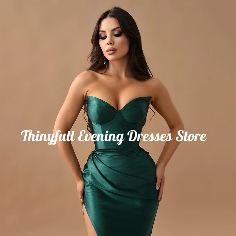 Thinyfull Sexy Mermaid Prom Dresses Dark Green Side Slit Satin Evening Dress Formal Night Cocktail Party Prom Gowns Custom Size