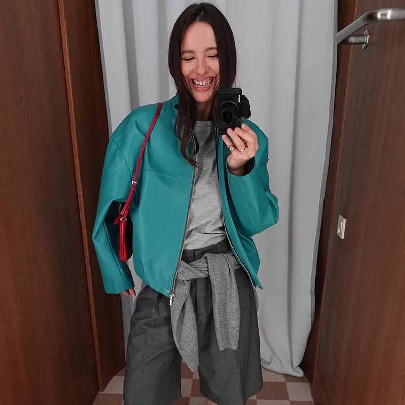 Übergroße Kunstlederjacken für Damen, Streetwear mit Stehkragen, Langarm, Gerüscht, Einfarbig, Locker Sitzende Mäntel, Schicke Damen-Oberbekleidung – Detail 11
