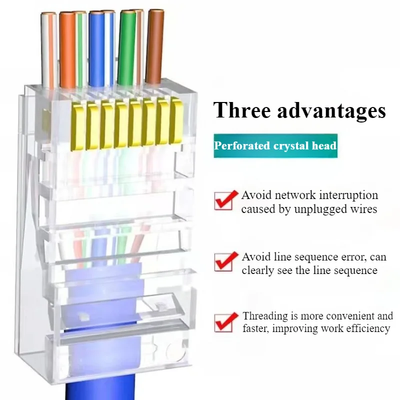 100pcsRJ45 Cat6 Pass Through Connectors, Assorted Colors, EZ to Crimp Modular Plug for Solid or Stranded UTP Network Cable