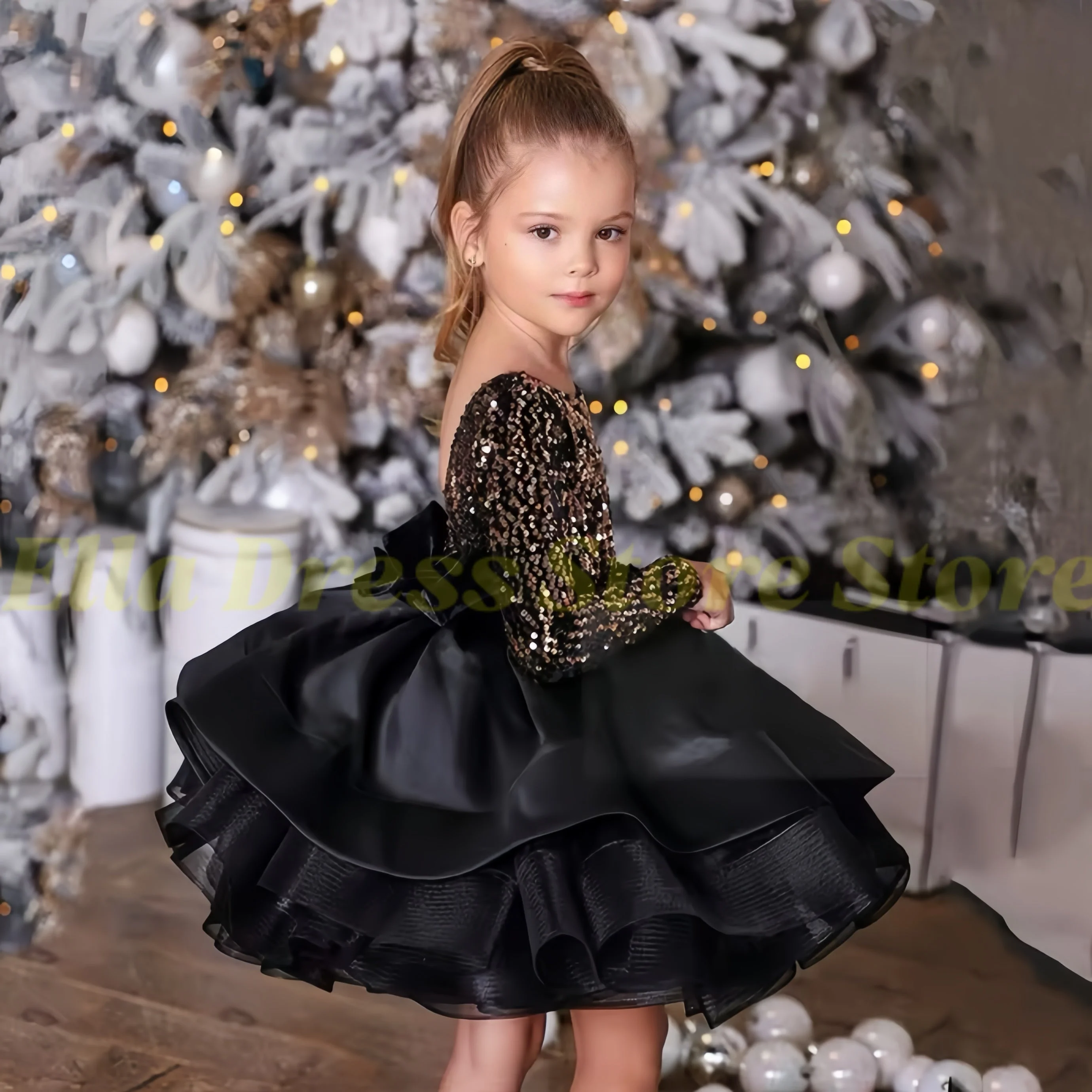 Großhandel Gold-Schwarzes Blumenmädchenkleid mit Langen Ärmeln, Rückenfreiem Rundhalsausschnitt, Rüschen und Stufenrock für Mädchen-Partykleid, Weihnachtsfestzug – Detail 1