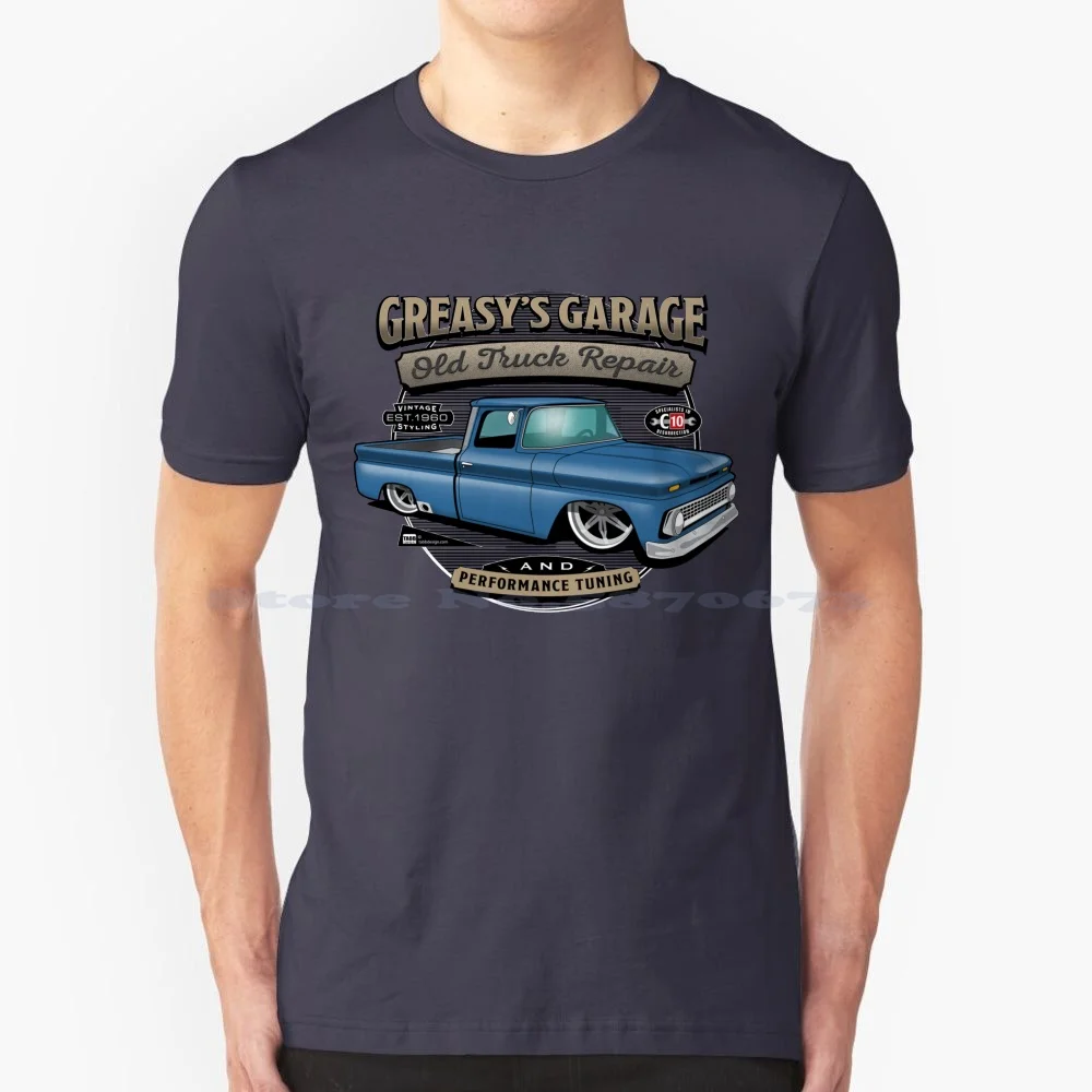 Greasy'S Garage Blue Design T Shirt 100% Cotton Tee Fleetside Vintage Hotrod Oldtruck Garage Mechanic Lowered Ratrod Air Ride