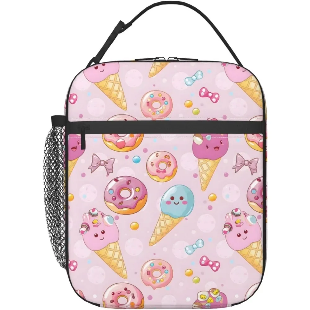 Cute Ice Cream Lunch Box For Kids Girls Boys Women Adult, Insulated Food Donut Pink Lunch Bag,Polyester Cooler Handbags