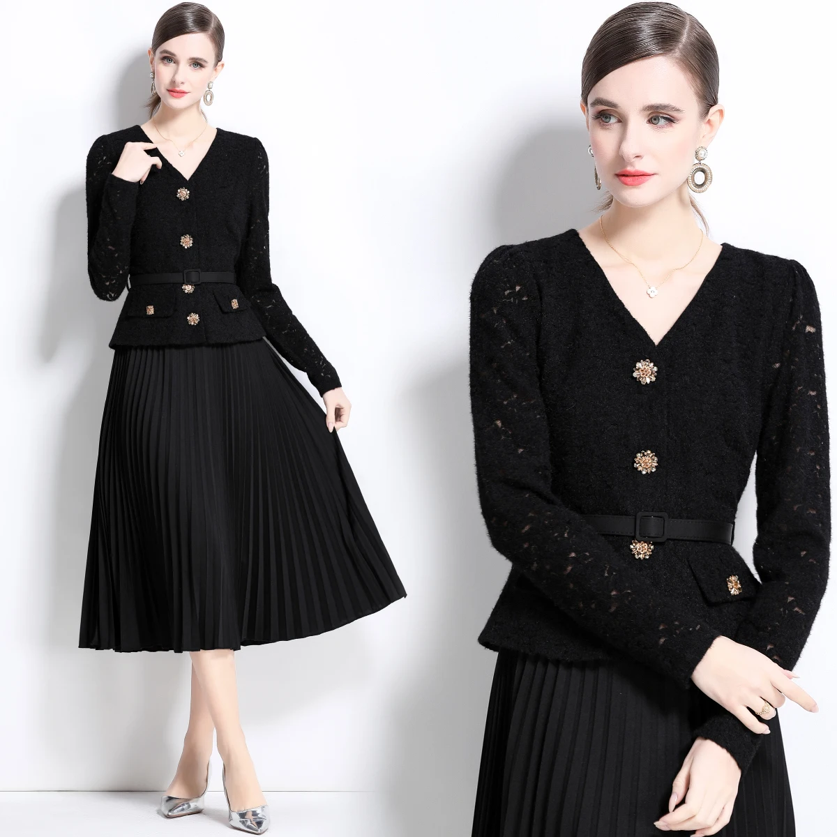 New 2025 Lace Patchowrk V Neck Long Sleeve Single Beasted Fake Two Pieces Spring Summer Fashion Elegant Office Party Dresses