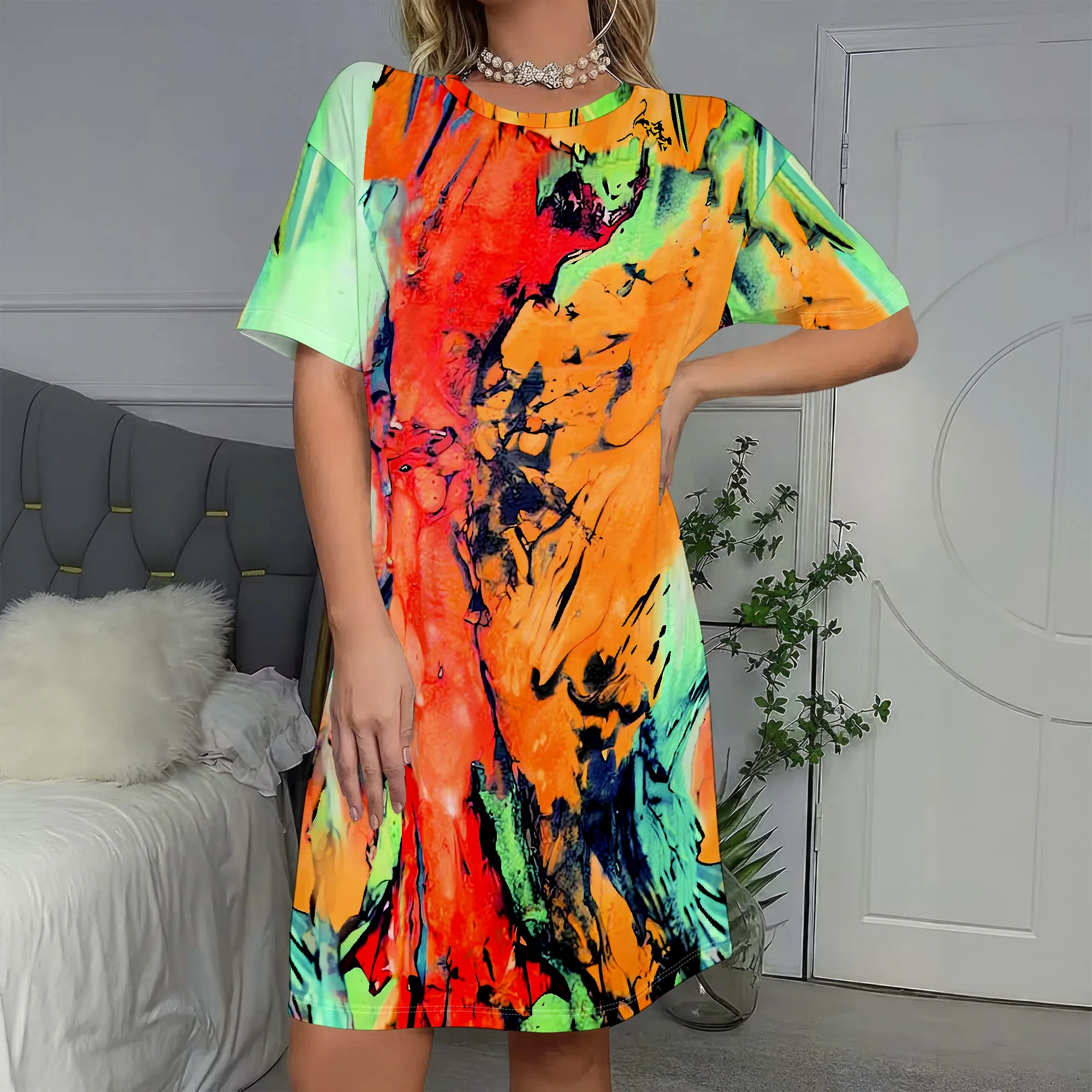 

Abstract Art Print, Short Sleeve Dress, Vibrant Splatter Pattern, Colorful Loose Fit, Casual Summer Wear for Women, S-2XL
