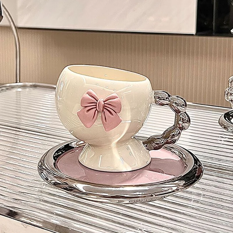 Fine Ceramic Coffee Cup Saucer Bow Mug English Afternoon Tea Tableware Ceramic Latte Coffee Cup Saucer Breakfast Mug Gifts 160ml