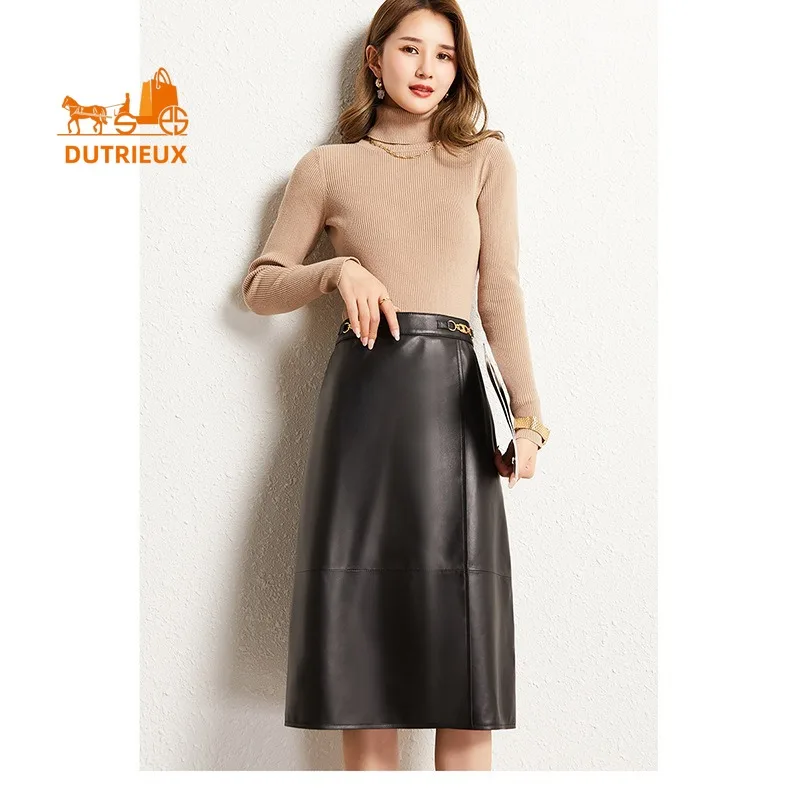 New Winter Genuine Leather Skirt for Women, High-end Sheepskin Elegant Mid-length Skirt High Waist Cowhide A-line Skirt for Work