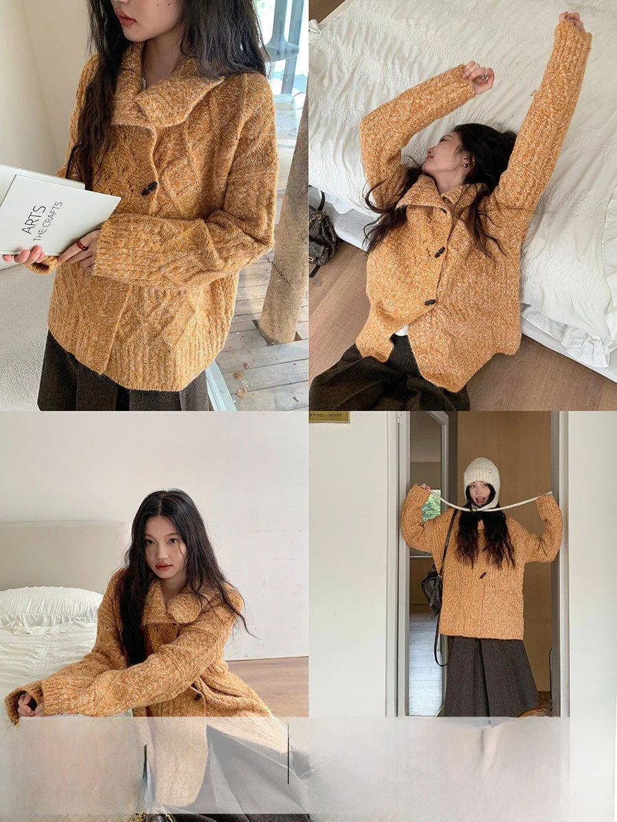 

Корейский утепленный вязаный свитер-пальто на пуговицах, повседневный свободный крой, женская зимняя верхняя одежда, с отворотами и бахромой, в стиле Lazy Sle Top