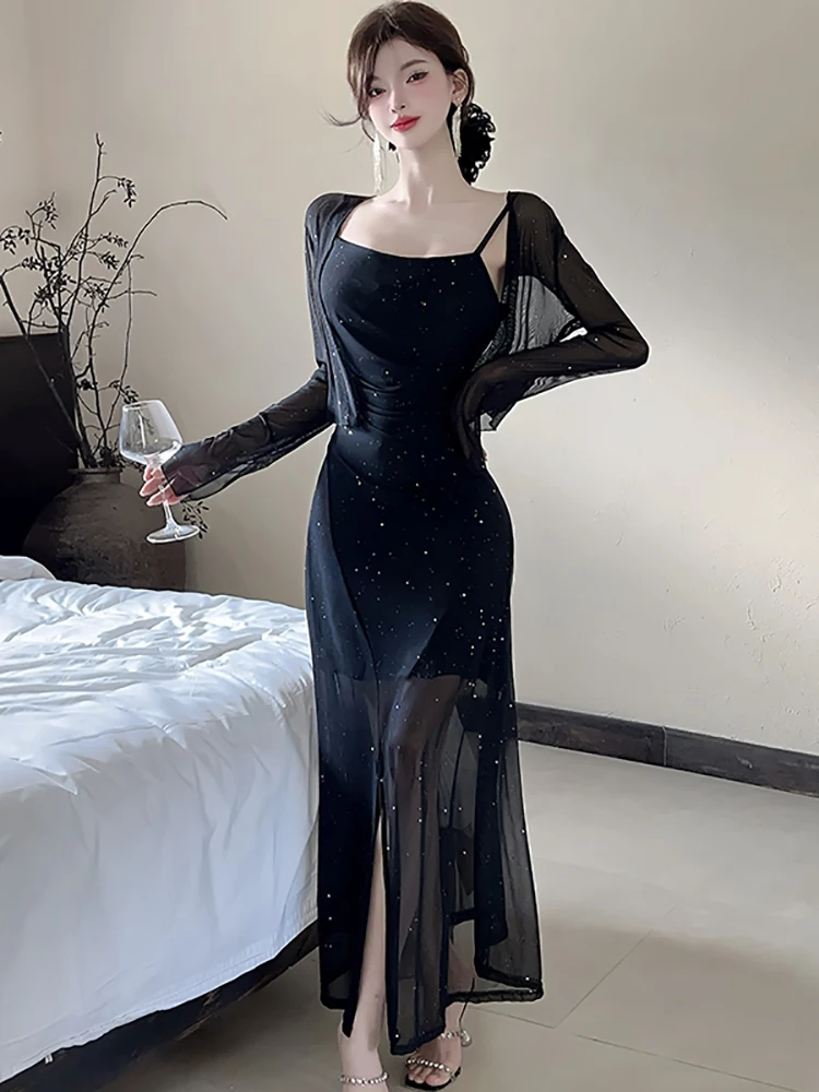 2025 rouge brillant maille Sexy fronde longue robe + t-shirts deux pièces ensembles femmes été coréen Vintage luxe moulante deux pièces costumes