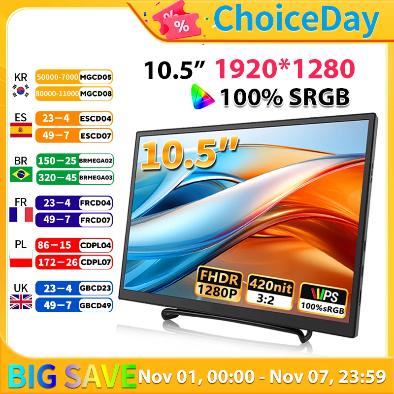 Monitor portabel 10.5 inci, Monitor IPS FHD 1280P 100% SRGB layar Game Laptop Mac Xbox PS4/5 Switch Display 420Cd/m m²