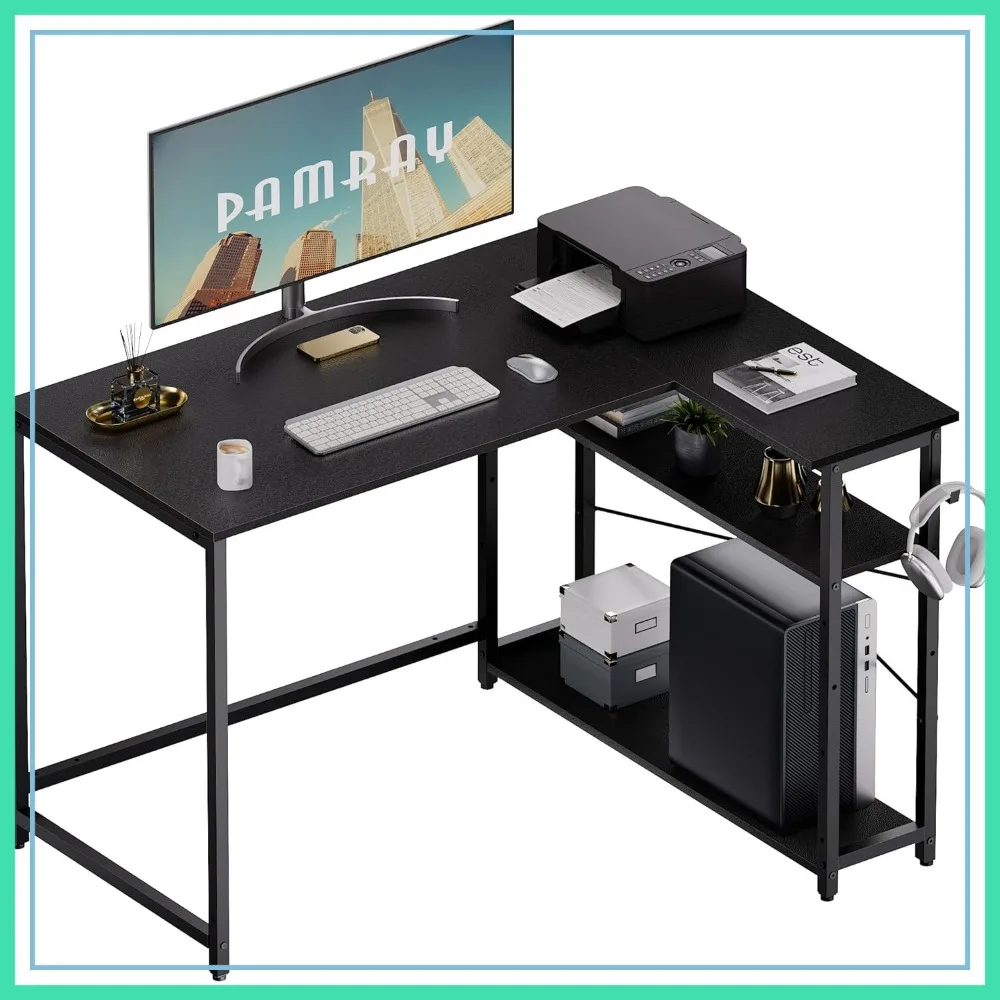 

43 Inch L Shaped Computer Desk with Reversible Side Shelves, Corner Desk for Home Office, Black