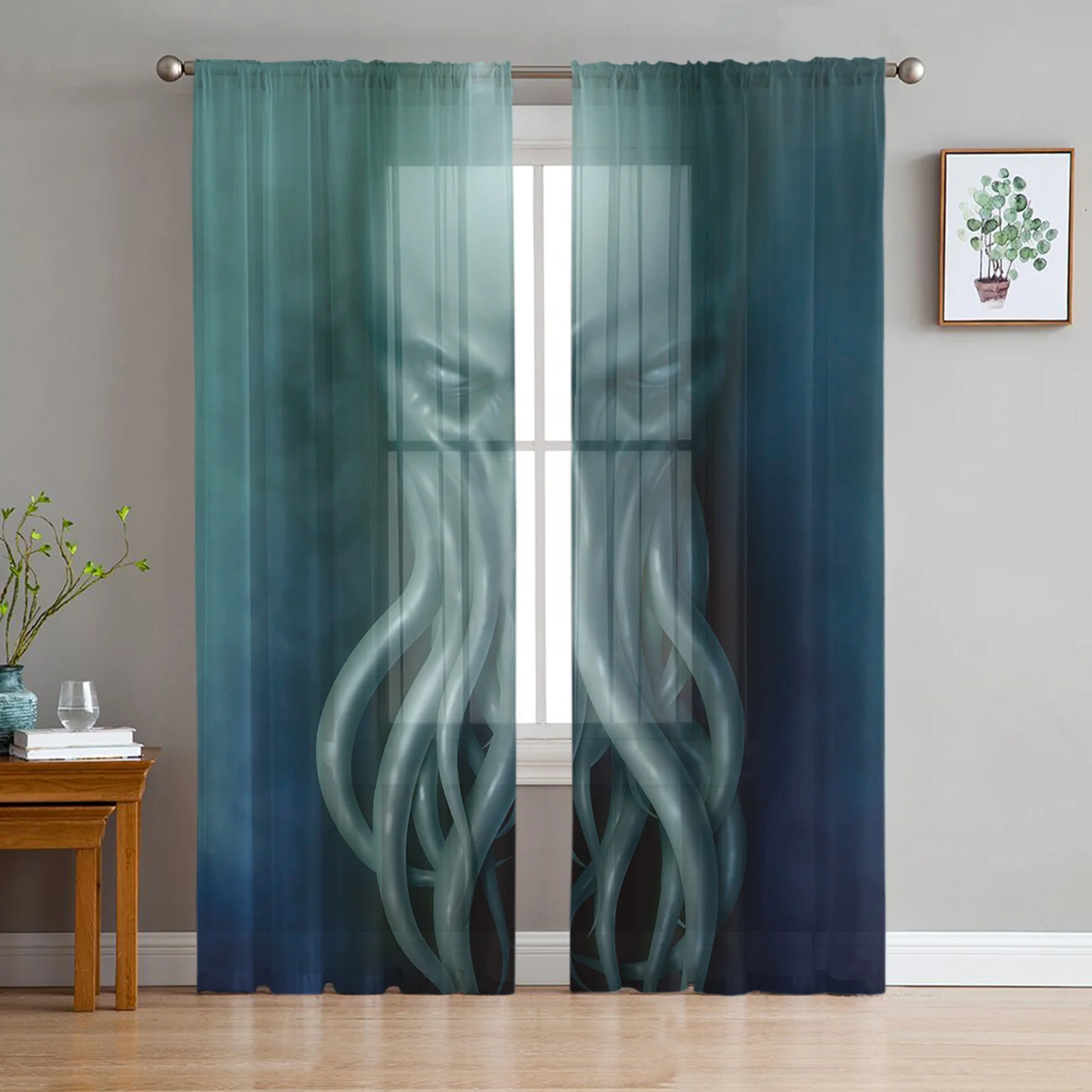 Sea Octopus Retro Cthulhu Sheer Curtains for Living Room Modern Voile Curtain Bedroom Tulle Curtains Window Drapes Decor