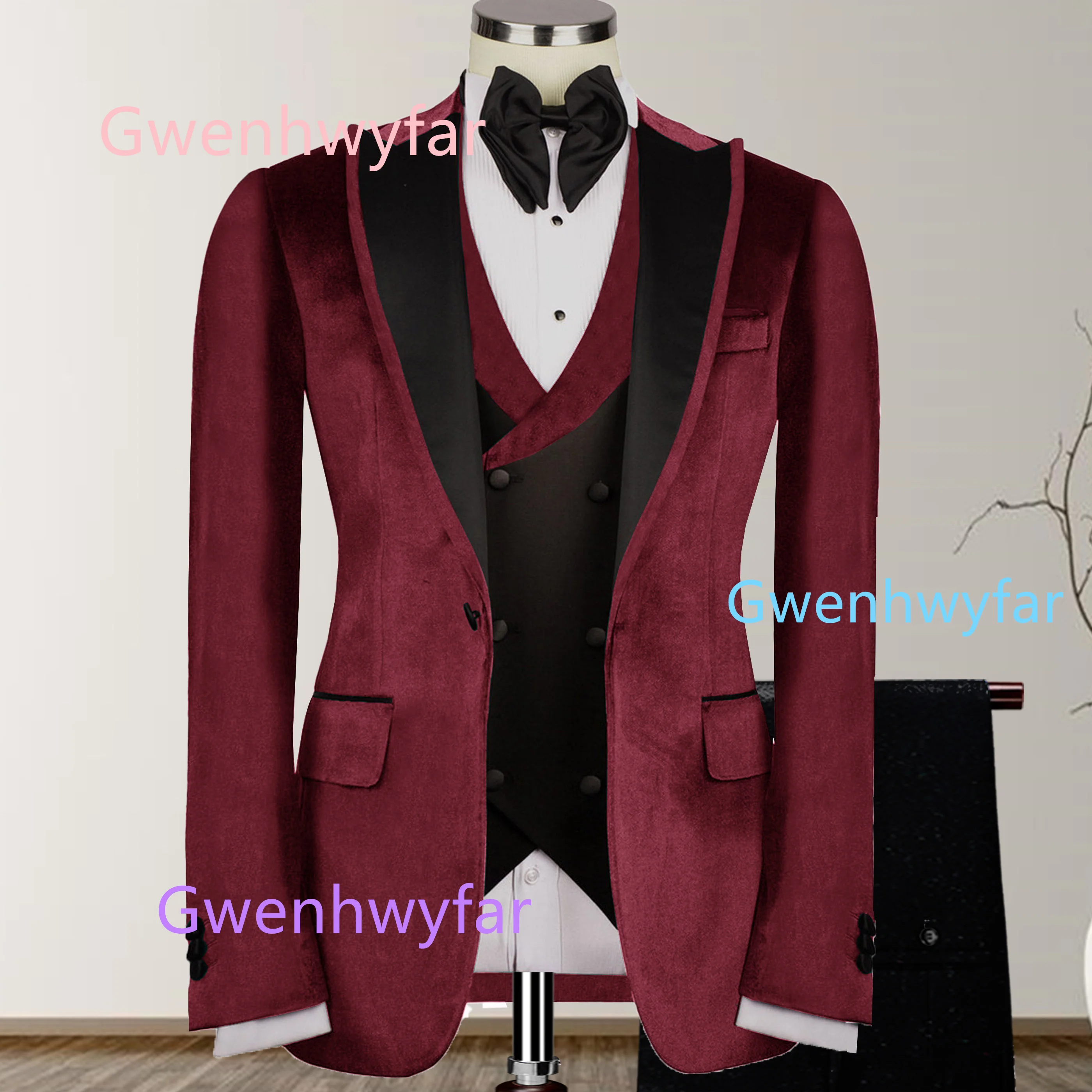 G&N Burgundy Velvet Suit Tuxedos Men's Wedding Set 2027 Customized One Button Jacket Double Breasted Vest Slim Pants Party Suits