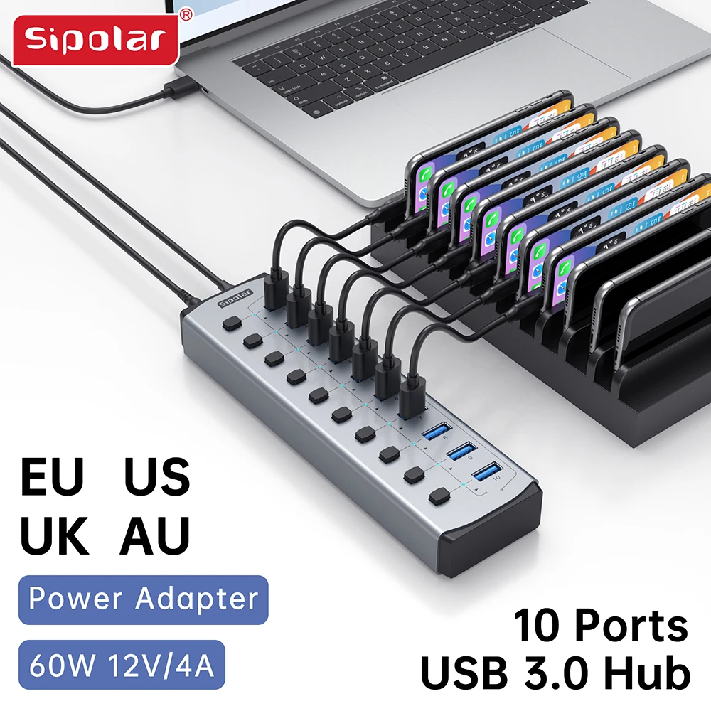 

Концентратор USB3.0, 10 портов с независимым выключателем питания, адаптер высокой мощности, металлический корпус, периферийное расширение ноутбука, сиполярный