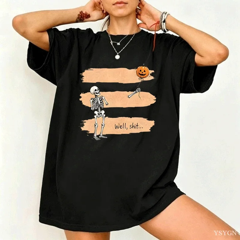 Halloween Skeleton Pumpkin Balloon Printed T Shirt Men Women Humor Slogan Short Sleeve Vintage Couple Streetwear Casual Y2k Top