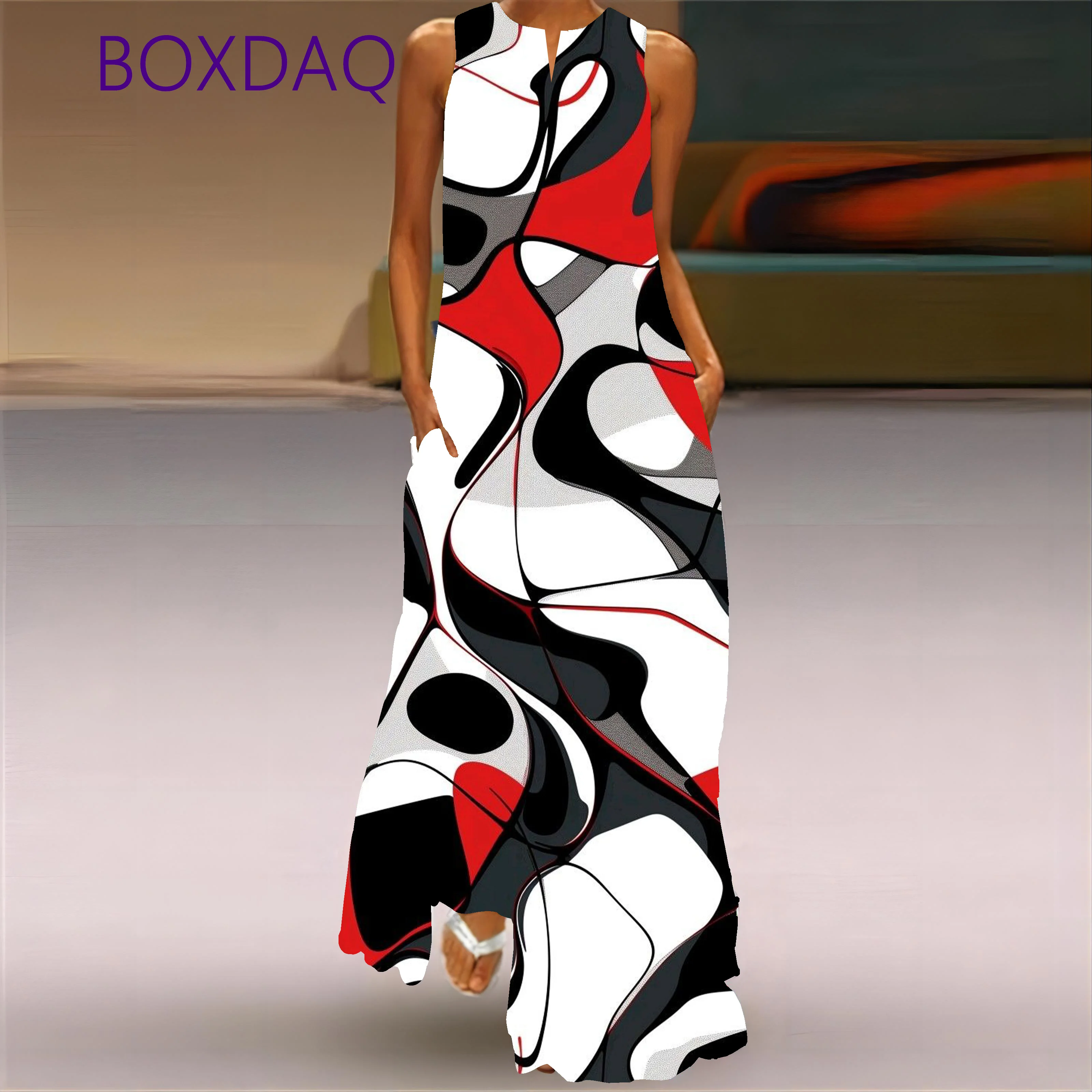 2025 Spring Autumn Vintage 3D Printed Long Dresses For Women Fashion V-neck Design Loose Sleeveless Dress Casual Vestidos Female