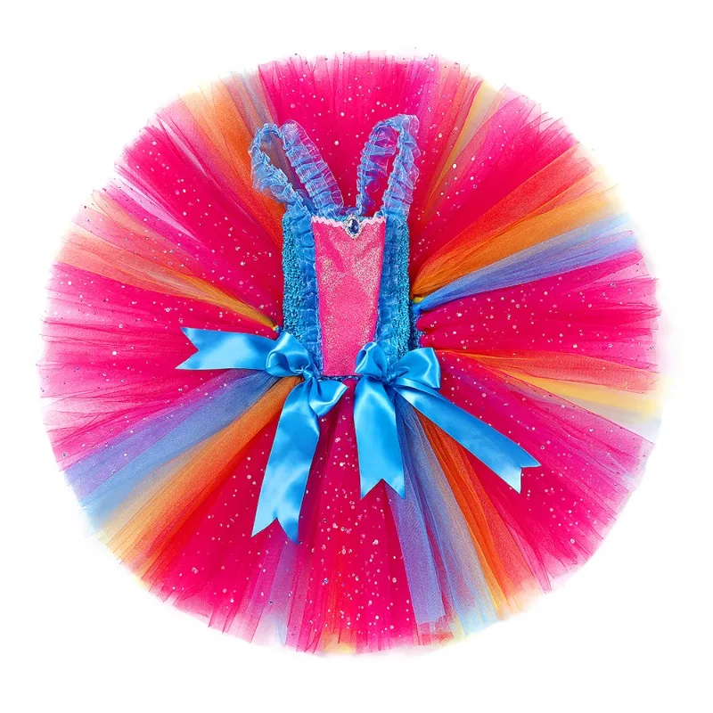 

Holographic Shiny Mesh Tutu Dress Strappy Ins Sweet Party Gown Blue Pink Gradient Glitter Tulle Stage Performance Birthday