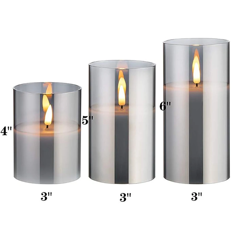 Vidro transparente Flameless LED velas com controle remoto, cintilando pilar, operado a pilhas, conjunto de 3