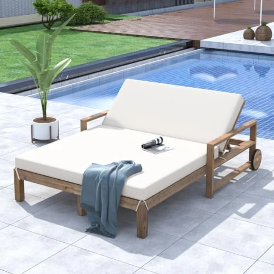 

Farmhouse-Styled Wooden Outdoor Double Sunbed with Adjustable Backrests for Ultimate Relaxation 2 People Patio Daybed Seating w