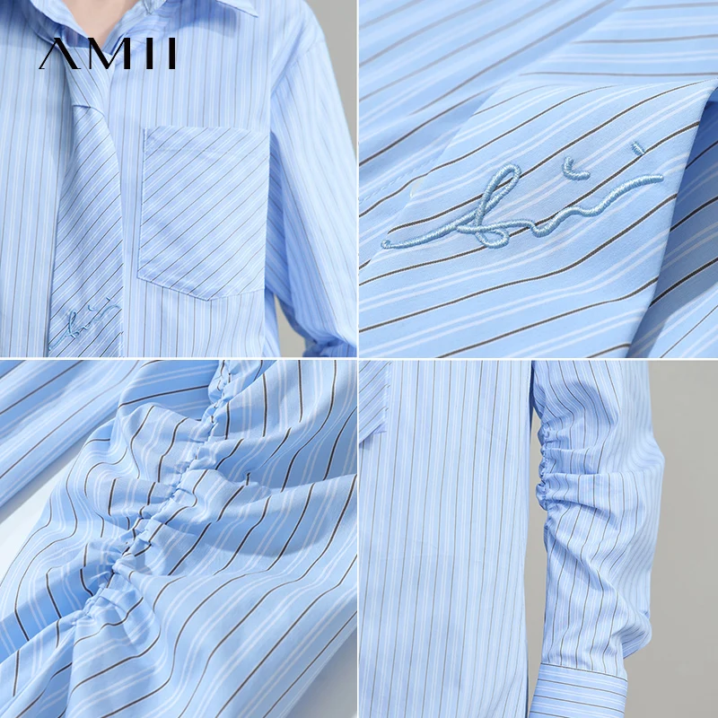 AMII 2025 Autumn Shirts Office Lady Long Sleeve Blue White Stripes Blouse Mid-length Loose Lapel Tops Women Clothing 12553021