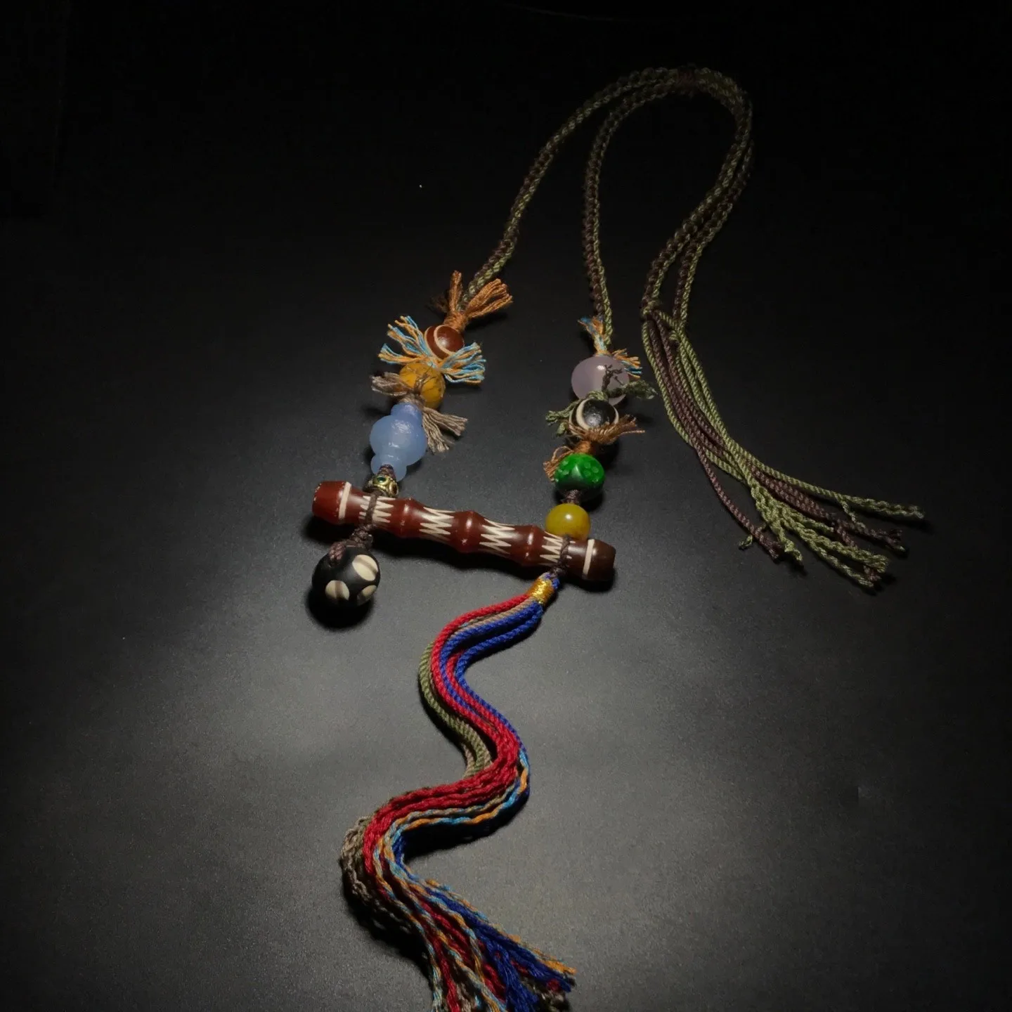 Unique Tibetan Old Agate Dzi Multiple patterns Beads Necklace J0428