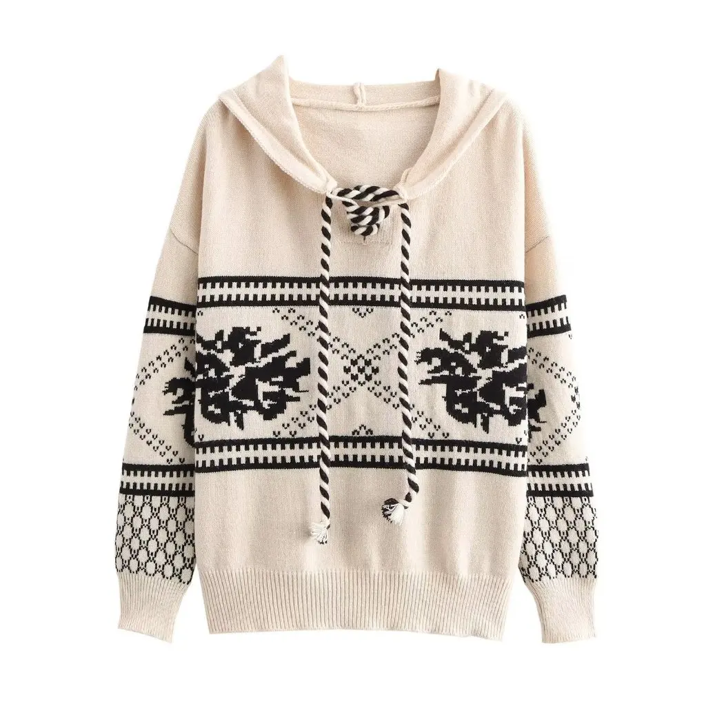 

European And American Fashion Multi-Color Joker Jacquard Knitted Long Sleeve Hooded Top Women's Winter New Style E74491