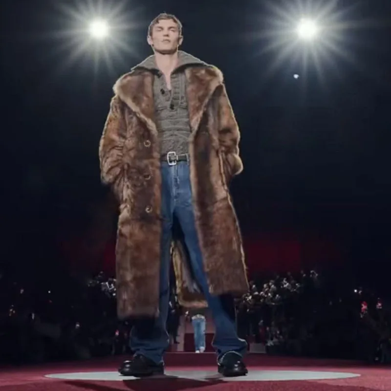 Thick Jacket Winter Fur Overcoat Men Faux Fur Mink Cardigan Open Stitch Spliced Pockets High Street Outerwear Windbreaker