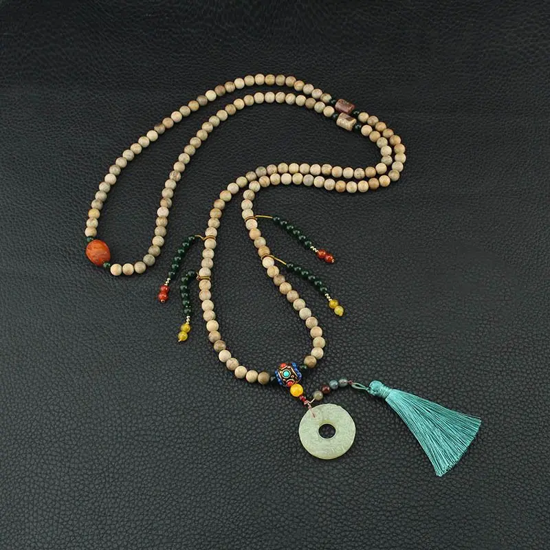 New Chinese Vintage Wooden Bead Long Crossbody Tassel Necklace with Pixiu Peace Button for Sweater Handmade Daily Wear Jewelry