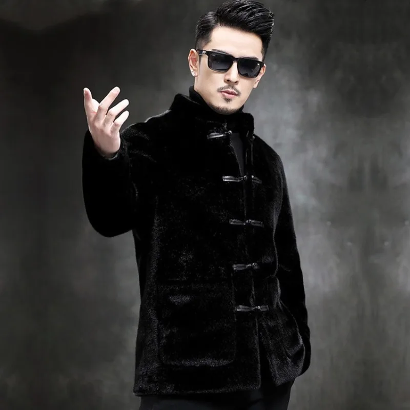 Menswear Winter Warmth Faux Mink Coat Jacket New Golden Mink Fur Chinese Style Jacket Lapel Casual Trend JacketsSingle Breasted