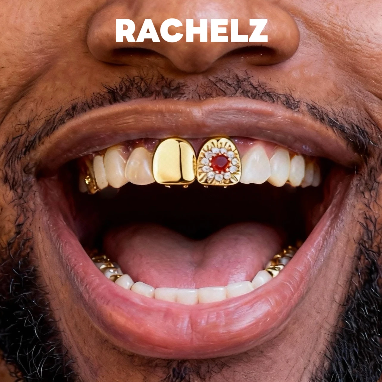 

RACHELZ Vintage Double Smooth Red Zircon Flower Teeth Grillz Elegant Glossy CZ Stone Tooth Caps For Unisex Jewelry Couple Gift