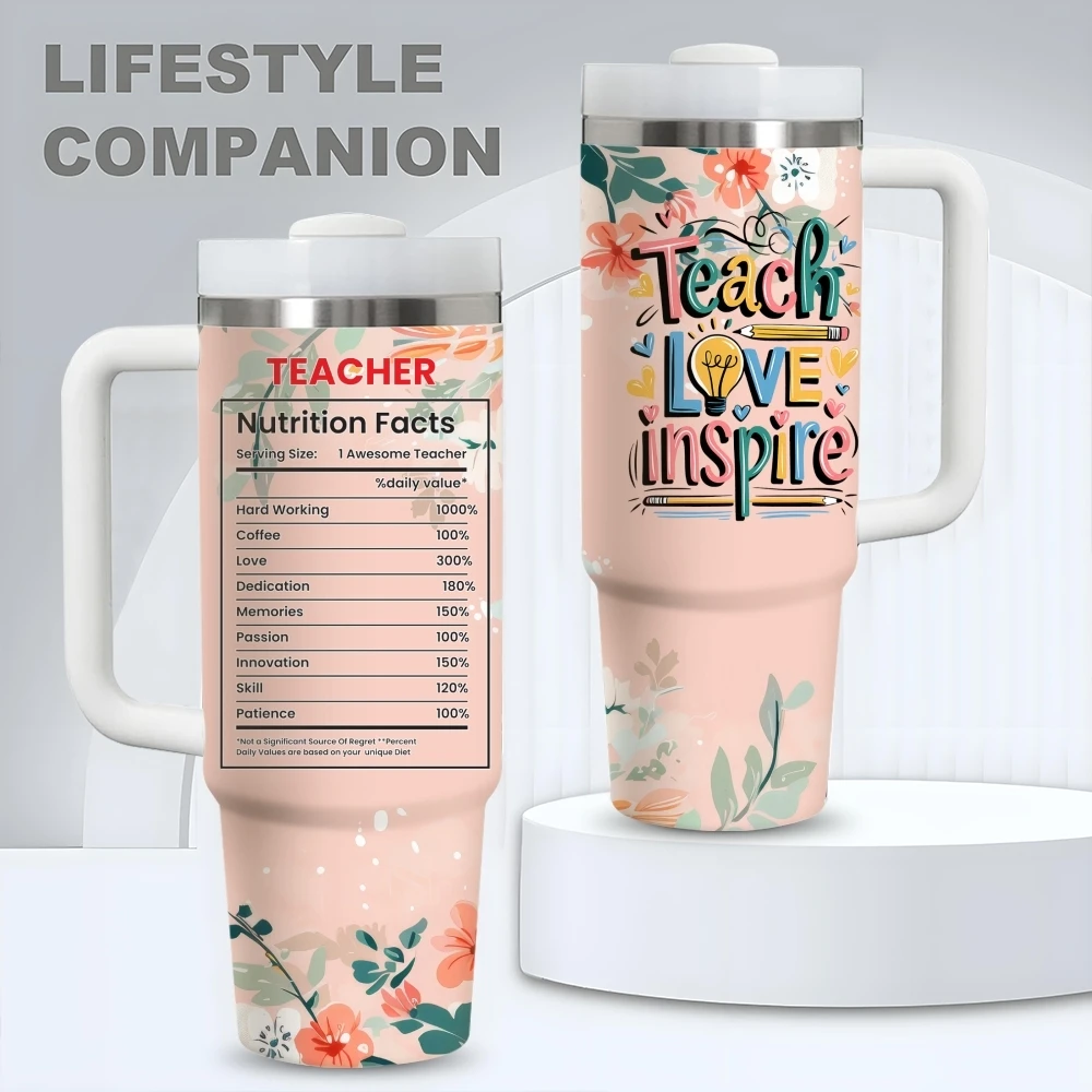 

Teacher Nutrition Facts Flowers Vacuum Flasks 40oz Stainless Steel Vacuum Insulated Tumbler with Straw Leak Resistant Travel Mug