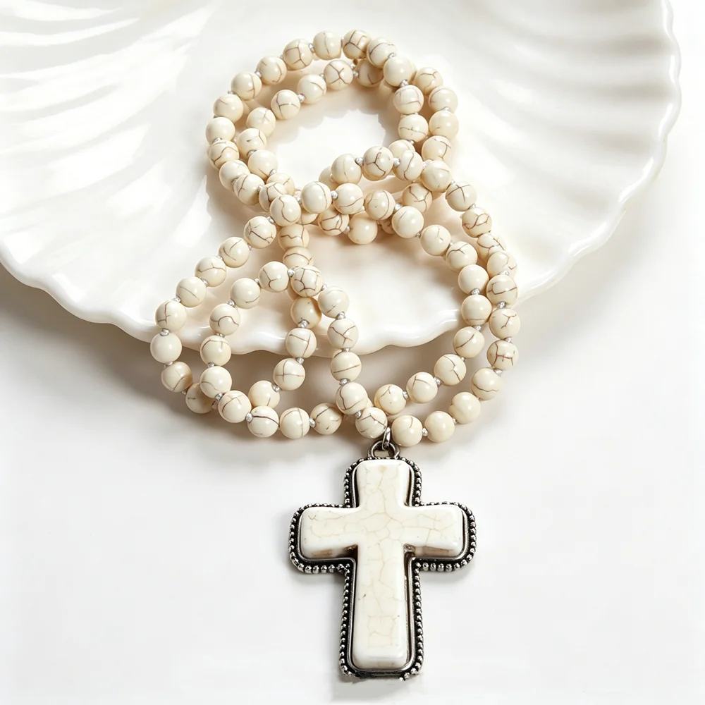 Retro Off-White Howlite Cross Long Beaded Necklace, Hypoallergenic Unisex Boho Fine Jewelry, Easter Birthday Anniversary Gift