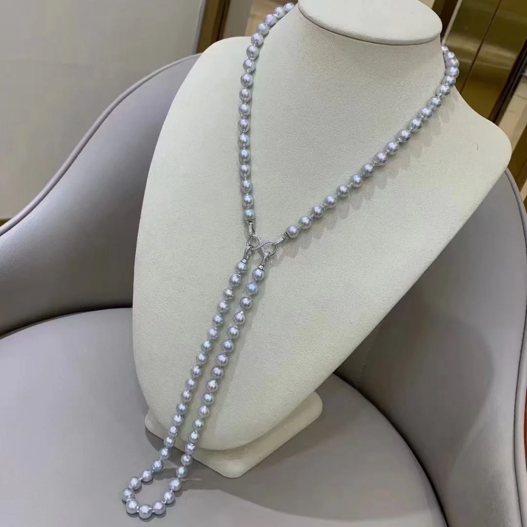 

Серебристо-сине-серое двухслойное ожерелье из натурального жемчуга 9-8 мм идеальная круглая форма, слегкие вкусы, несколько способов ношения