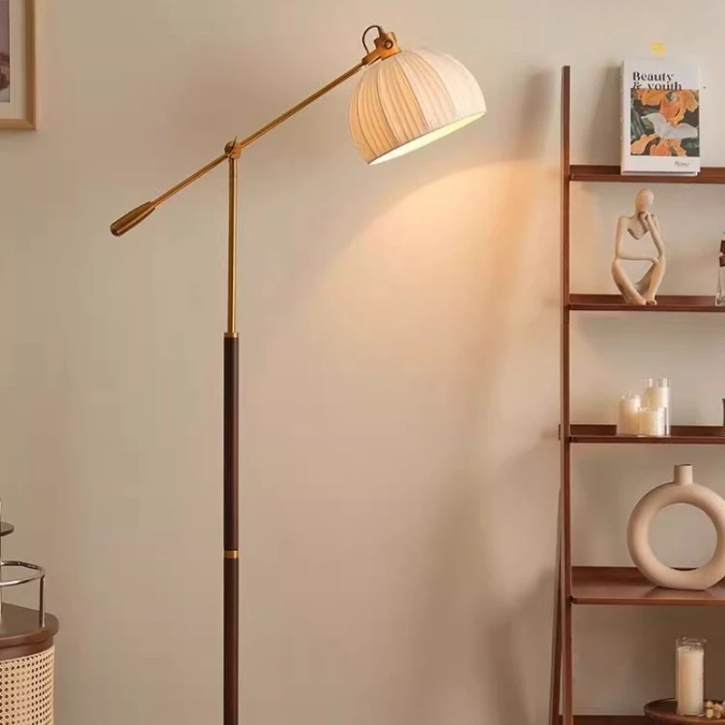 الفرنسية قاعدة خشبية الحديد المطاوع الروك الذراع LED مصابيح أرضية النسيج عاكس الضوء غرفة المعيشة غرفة نوم مطعم مكتب الدائمة الخفيفة