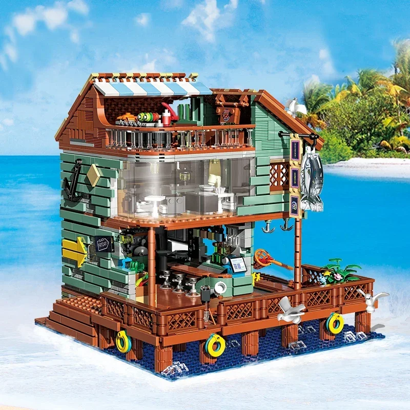 2096PCS Harbor Restaurant Building Blocks Seaside Street View House Construction MOC Bricks Toys Children's Christmas Gifts