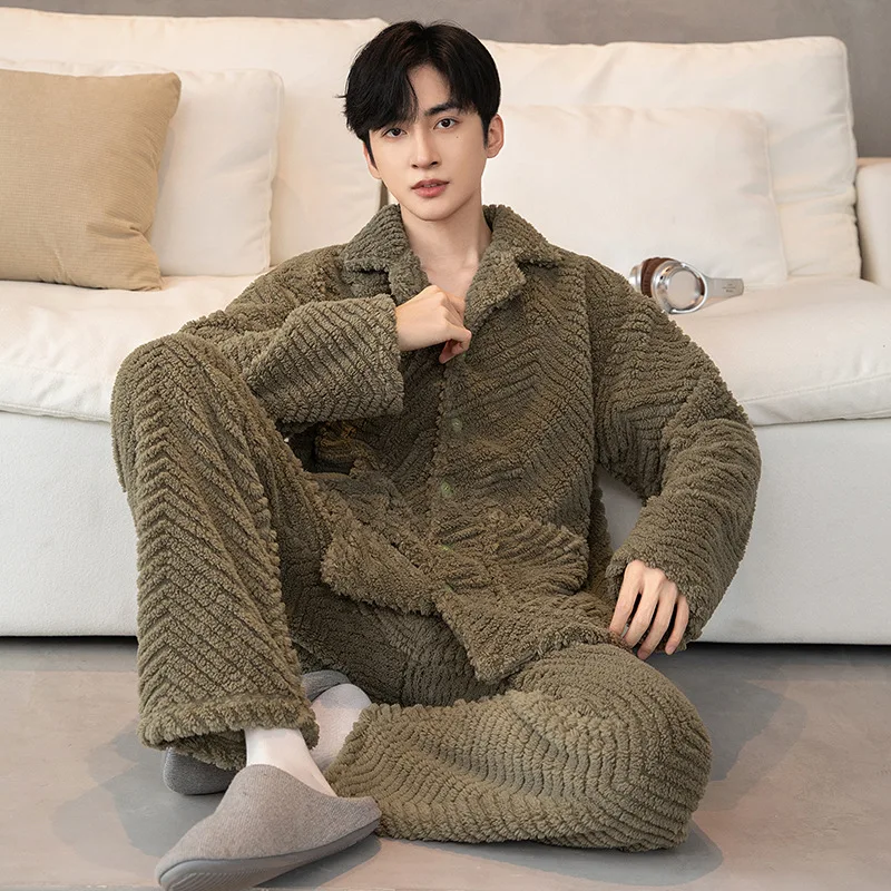

Winter Coral Fleece Thickened Pyjamas Men Long Sleeve Trousers Sleepwear Korean Flannel Two-piece Set Cosy Thermal Home Clothes
