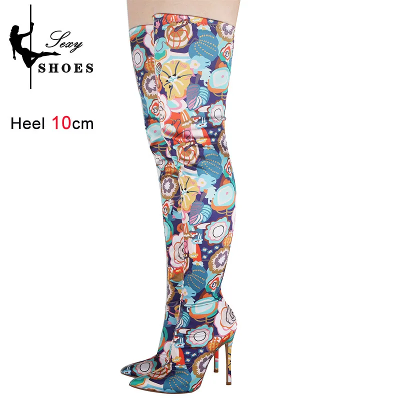 Autumn Women Shoes Over-the-Knee Elastic Sock Boots Side Zip Pointed Toe Ladies High Heels Night Club Novelty Print Thigh Boots