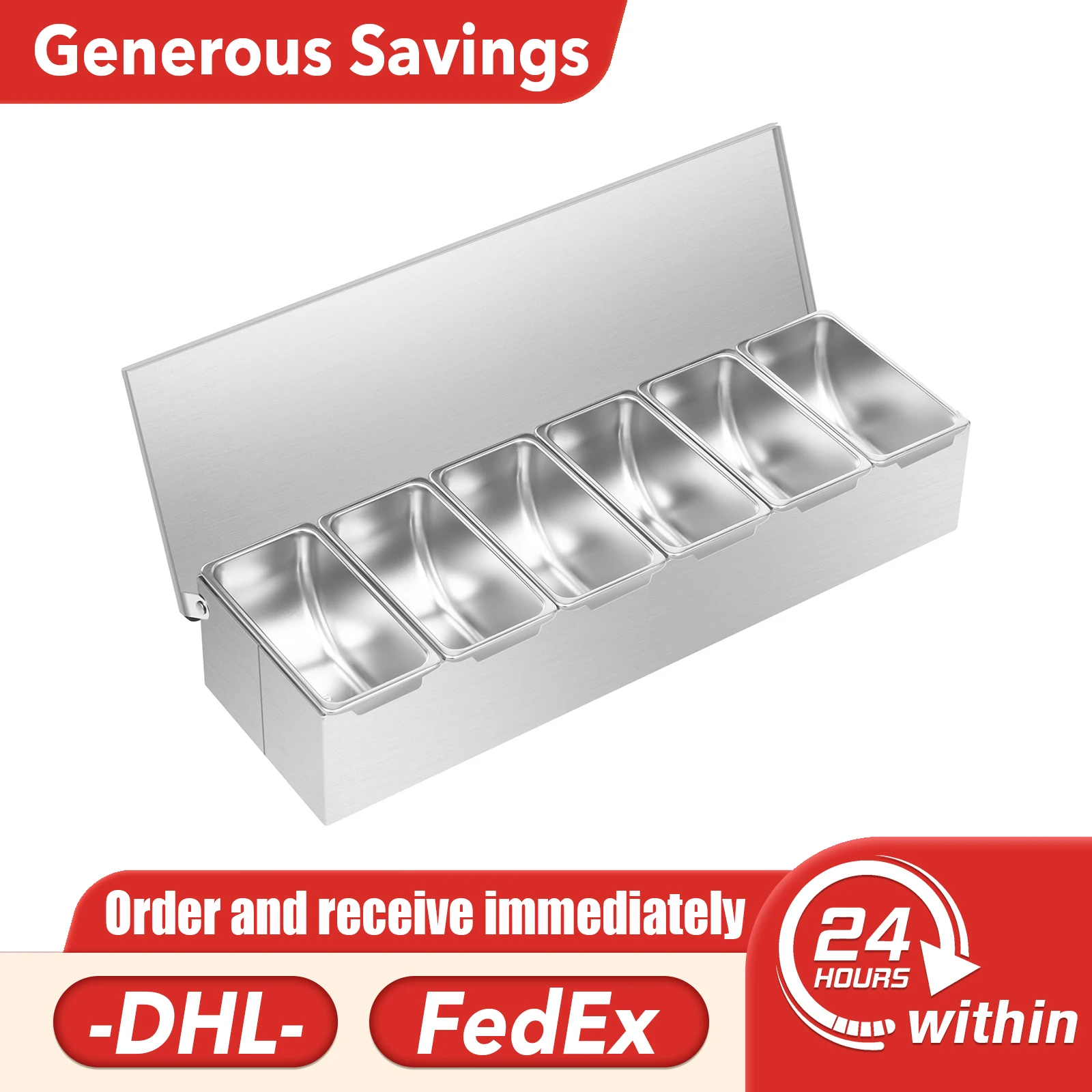 

Stainless Steel Condiment Organizer 6 Grid - Electrolytic Polished Surface Moisture-Proof Removable Trays Holds Salt Sauce Grain