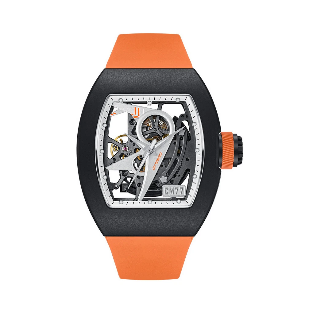 CRONUSART мужские автоматические часы Tonneau механические наручные часы скелетон светящийся фторкаучуковый ремешок оригинальный дизайн циферблат-авиатор