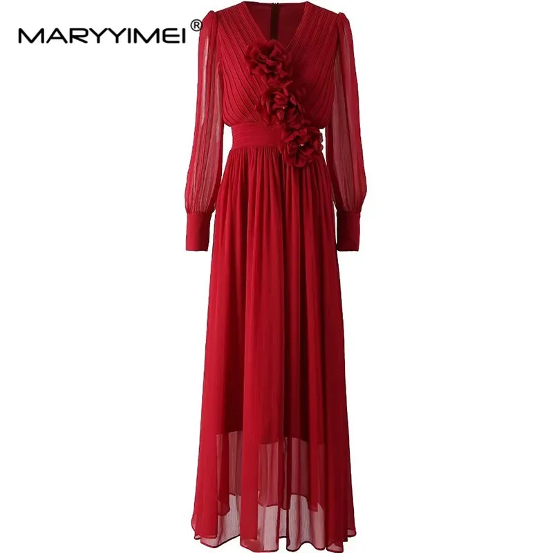 

MARYYIMEI Women's Elegant Streetwear Ball Gown Dress Autumn and Winter V-Neck Appliques Chiffon Evening Dresses
