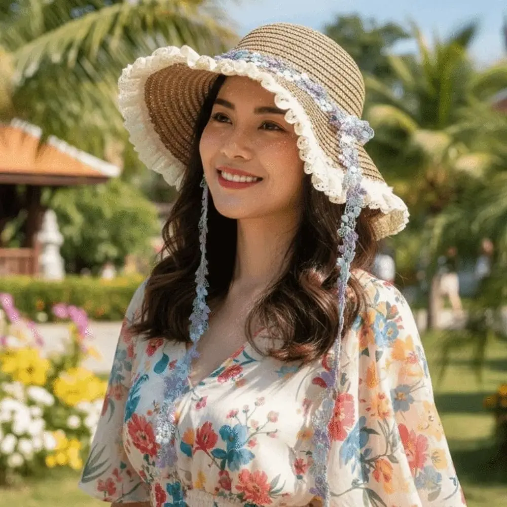 

Breathable Vacation Beach Cap Lightweight with Garland Big Brimmed Straw Hat Sunshade Topi Sombrero Woven Sun Cap