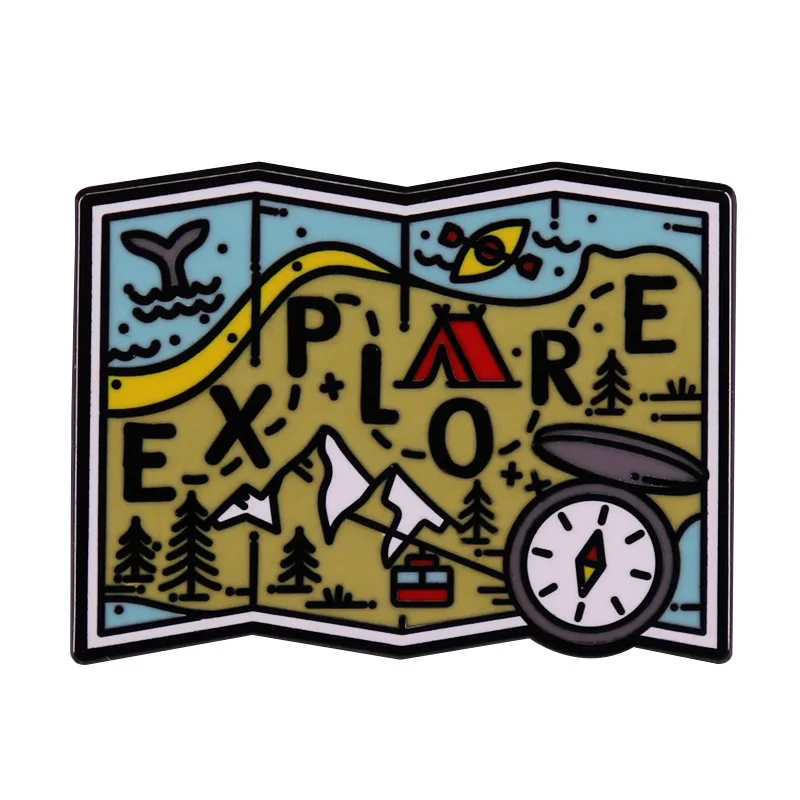 Explore Adventure Map Enamel Pin Nature Landscape Travel Brooch