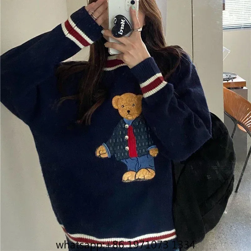 Vintage Cartoon Bear Embroidery Knitted Sweater Women Autumn Winter Harajuku Loose Pullover Korea Warm Sweet Kawaii Jumpers view 3