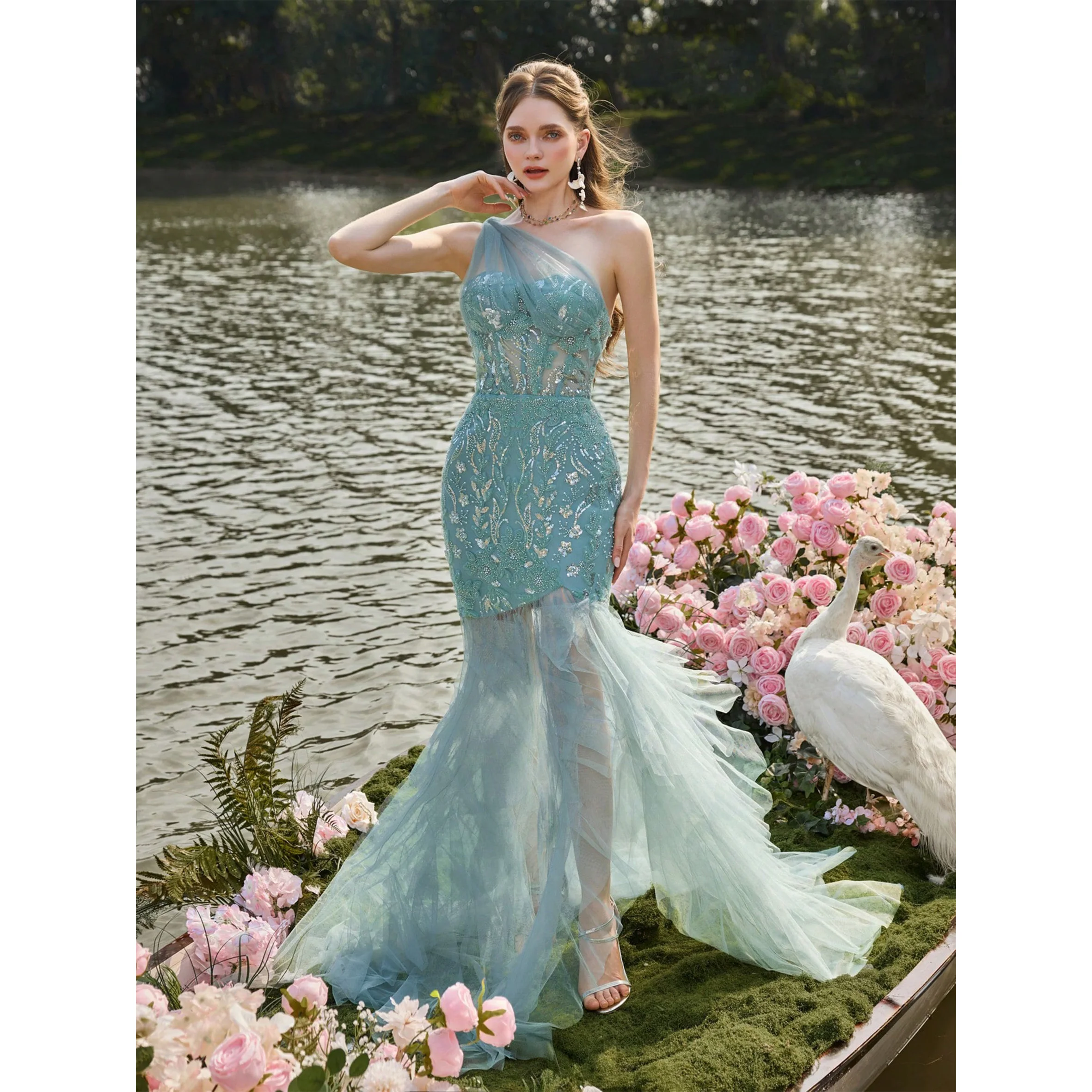 

Элегантное вечернее платье из бисера на одно плечо с тюлевой юбкой с рюшами, асимметричные ремешки для красной ковровой дорожки Galas, роскошные вечеринки